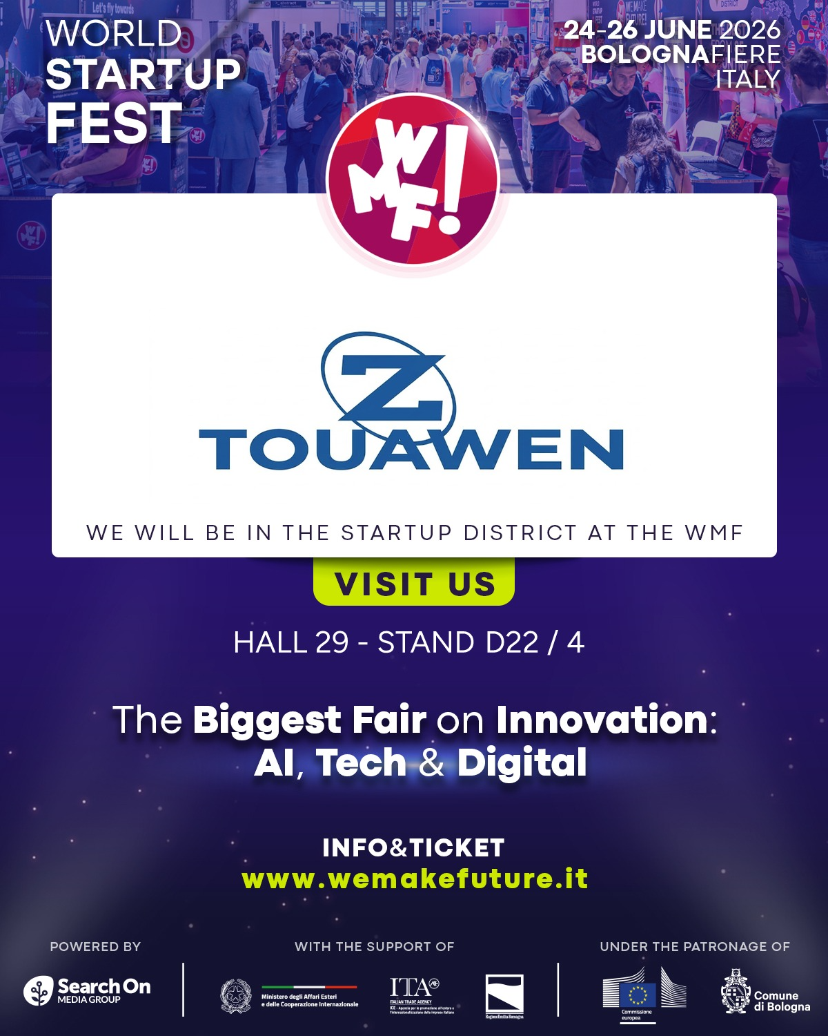 Affiche World Startup Fest 2026 — Touawen au Hall 29 Stand D22/4