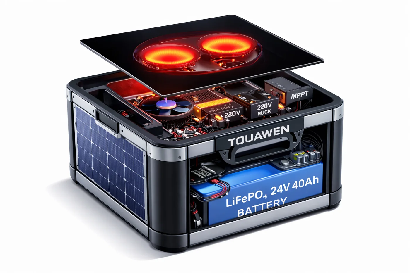Visualisation éclatée du prototype compact PlaqueSol One 24 V — 40 Ah