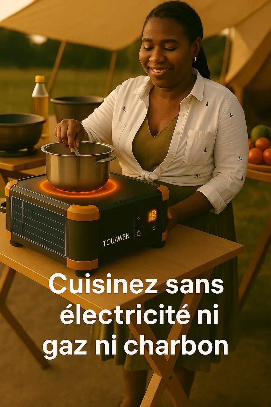 Femme cuisinant en plein air avec PlaqueSol One, sans électricité, gaz ni charbon