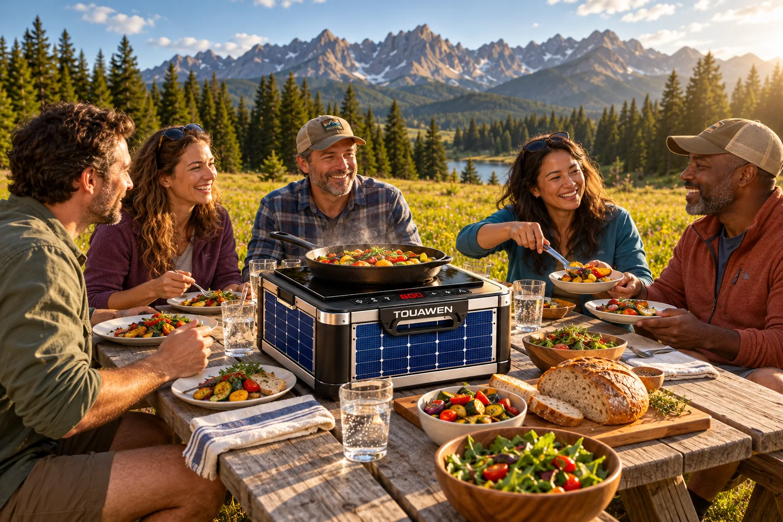 Amis profitant d'un pique-nique autour du concept PlaqueSol One en montagne